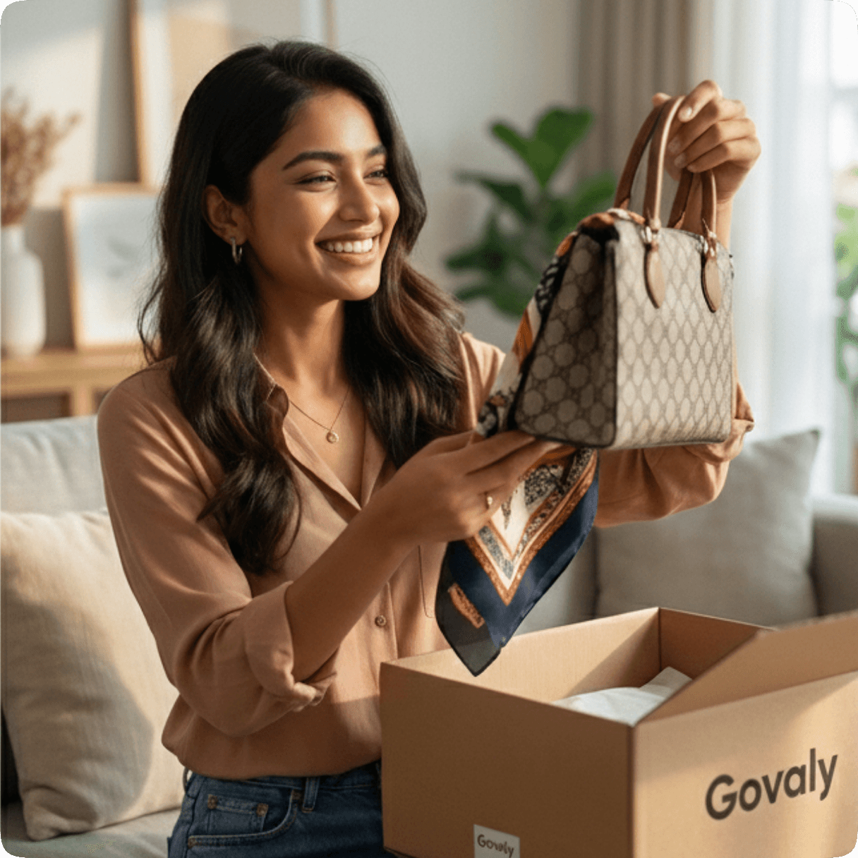 Woman unboxing a Govaly fashion delivery